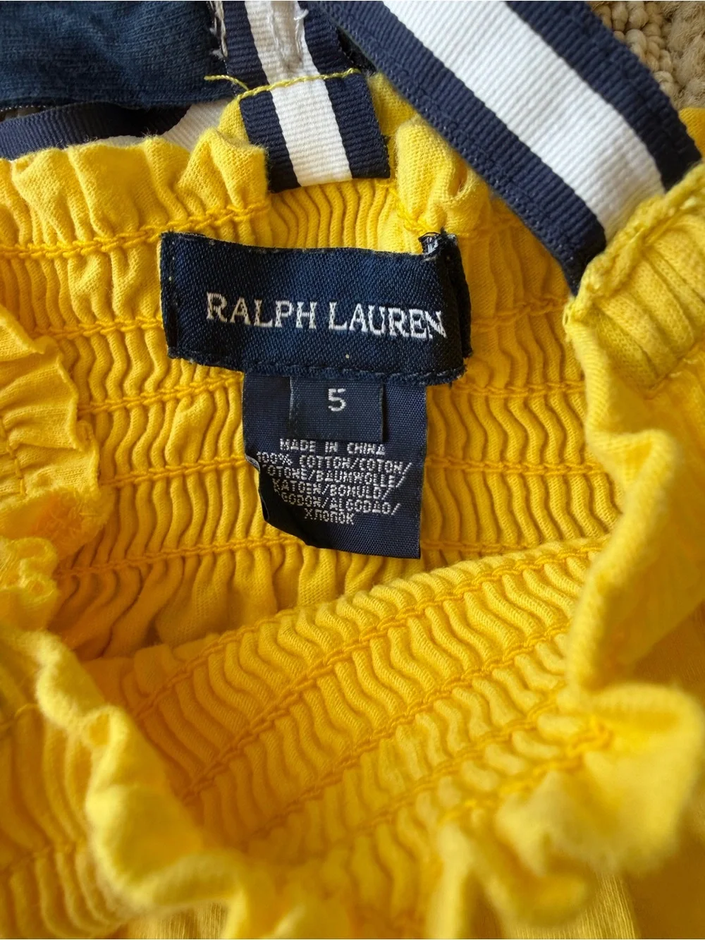Ralph Lauren Girls’ Yellow Tiered Smocked Sundress With Navy/White Straps, Size
